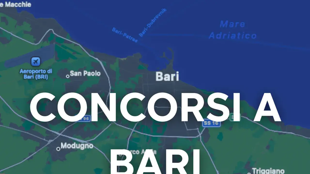Mappa di Bari con la scritta "CONCORSI A BARI" in sovrimpressione. Si vedono l'aeroporto, il mare Adriatico e alcune località vicine.