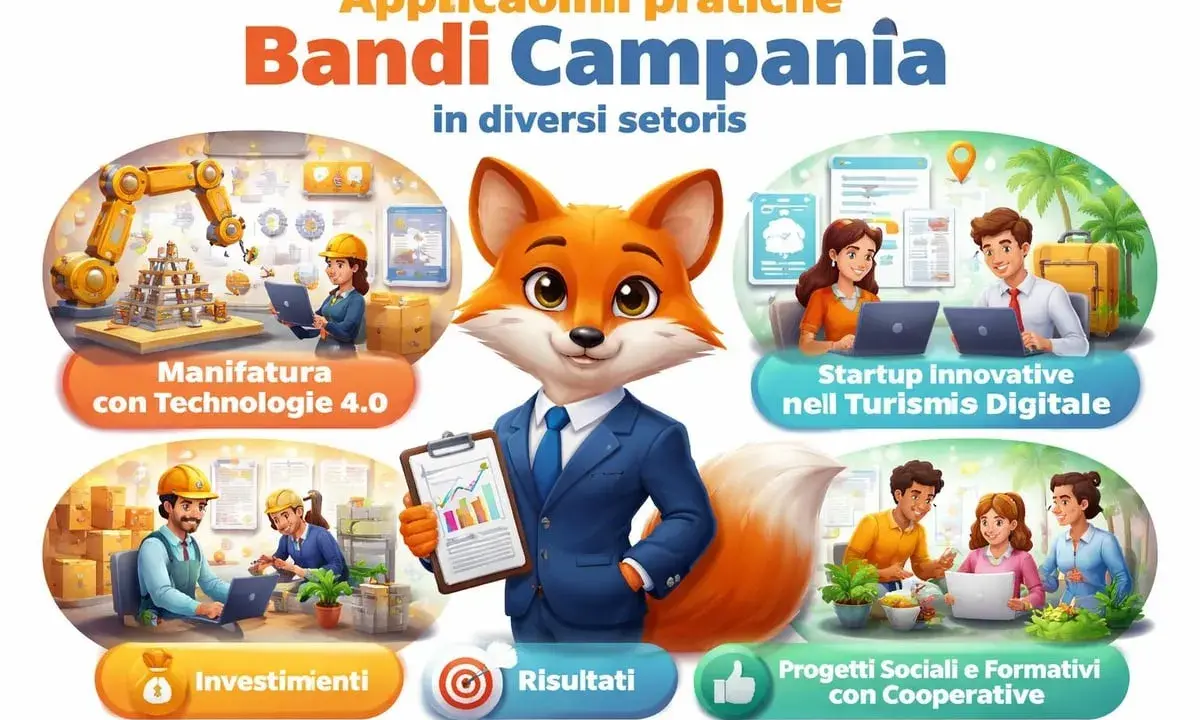 Volpe in giacca e cravatta presenta i bandi della Regione Campania per manifattura, startup turistiche, investimenti e progetti sociali.
