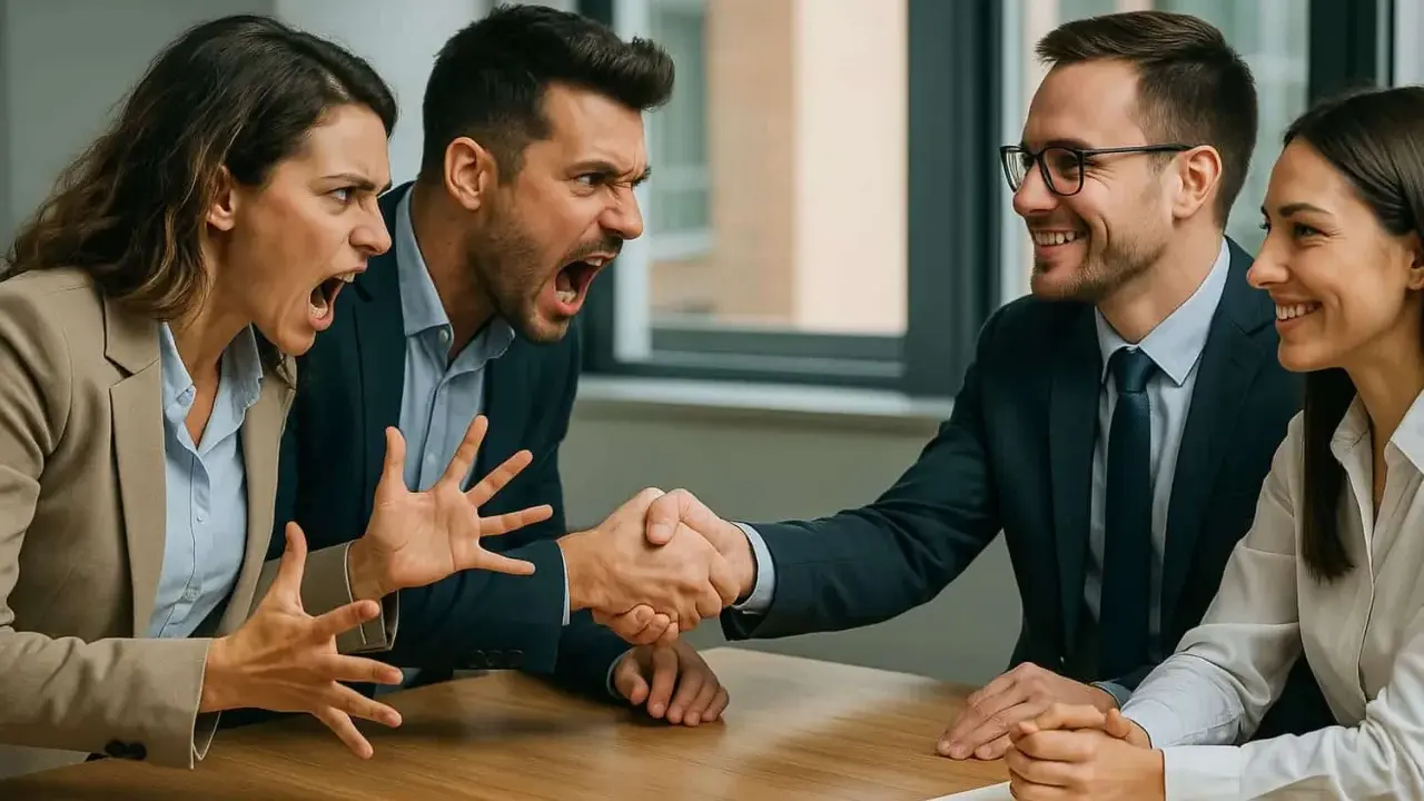Due persone urlano e gesticolano mentre altre due si stringono la mano, mostrando una gestione dei conflitti efficace e un accordo raggiunto.