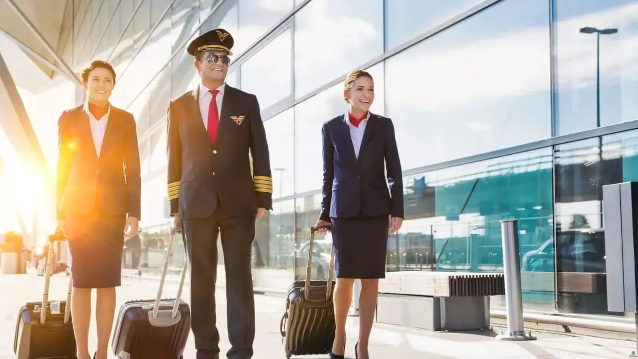Equipaggio Ryanair cammina in aeroporto con valigie. Il pilota e le hostess sorridono, pensando al loro stipendio.