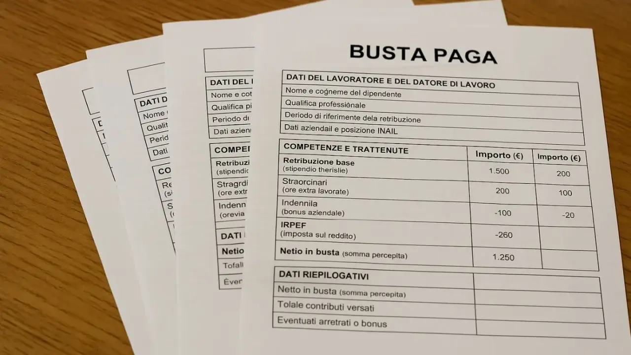 Busta paga con dettagli retributivi, contributi e imposte. Si evince che i giorni festivi vengono pagati, come indicato nelle voci "Straordinari" e "Eventuali arretrati o bonus".