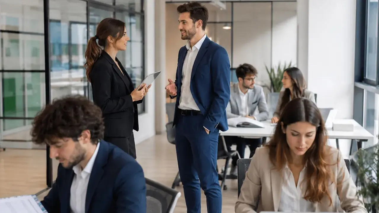 Un team in ufficio discute. Un uomo e una donna in primo piano parlano, mentre altri lavorano. Questo mostra cosa fa un hr manager: gestire persone e relazioni.