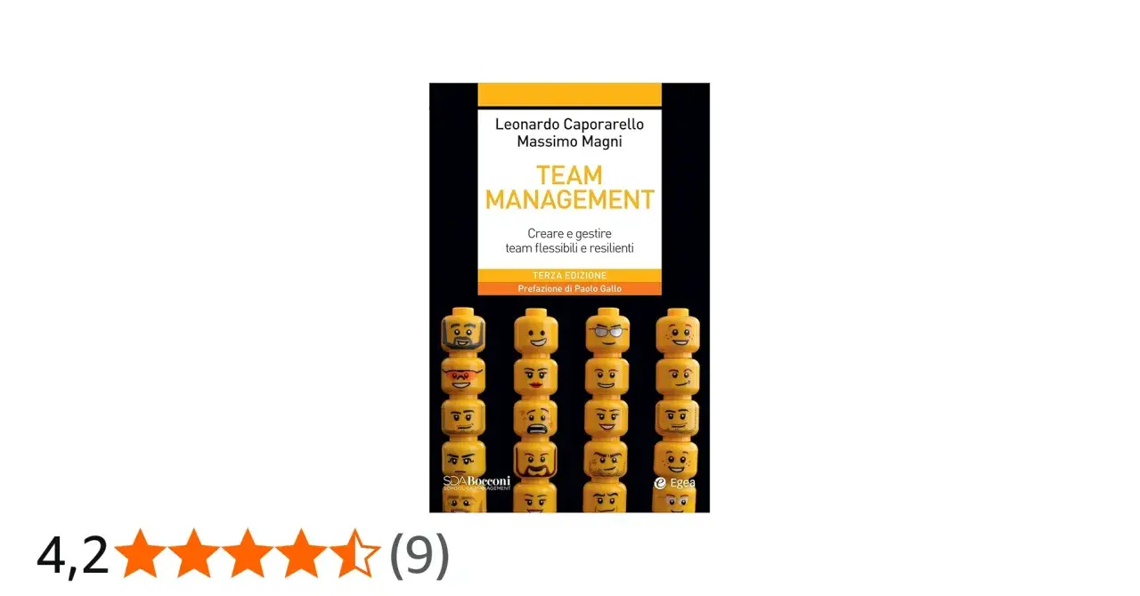 Copertina libro "Team Management" con faccine Lego, che simboleggiano la gestione di un team.