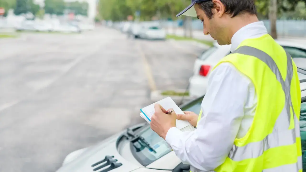 Un ausiliario del traffico con giubbotto catarifrangente scrive su un taccuino, controllando le auto parcheggiate.
