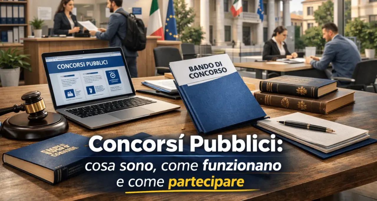 Bando di concorso nel diritto italiano su un tavolo con laptop, martelletto da giudice e libri.