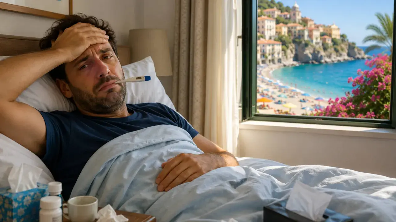 Uomo malato a letto con termometro, mentre fuori si vede una spiaggia affollata. La sua **malattia e ferie attaccate** rovinano la vacanza.