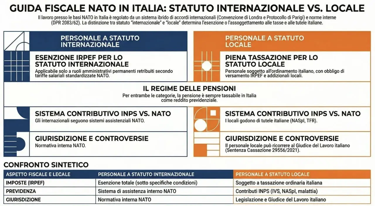 Guida fiscale NATO in Italia: confronto tra personale a statuto internazionale e locale. Un giurista d'impresa analizza imposte, previdenza e giurisdizione.