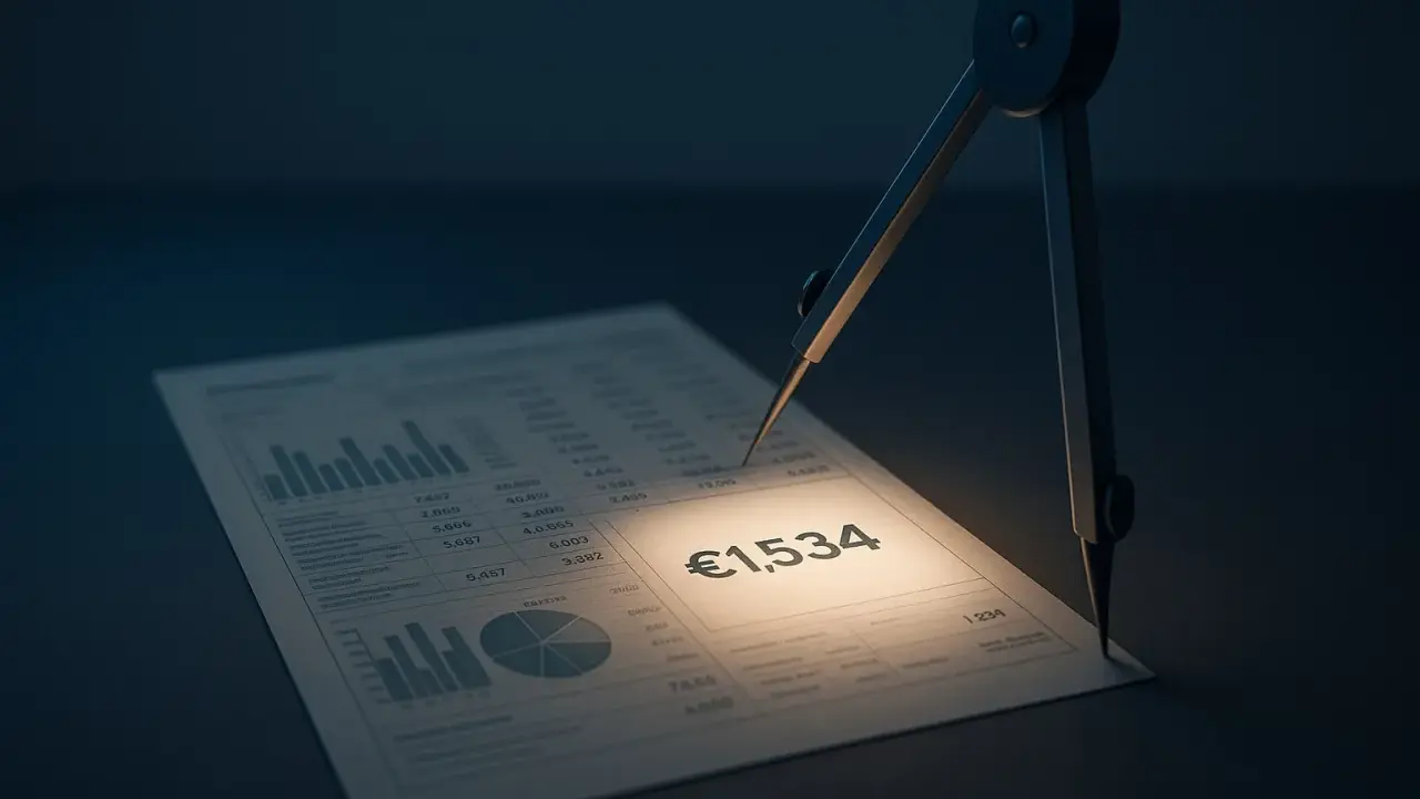 Compasso su foglio con grafici e la cifra €1.534 illuminata, simbolo di calcolo per la tassazione straordinari.