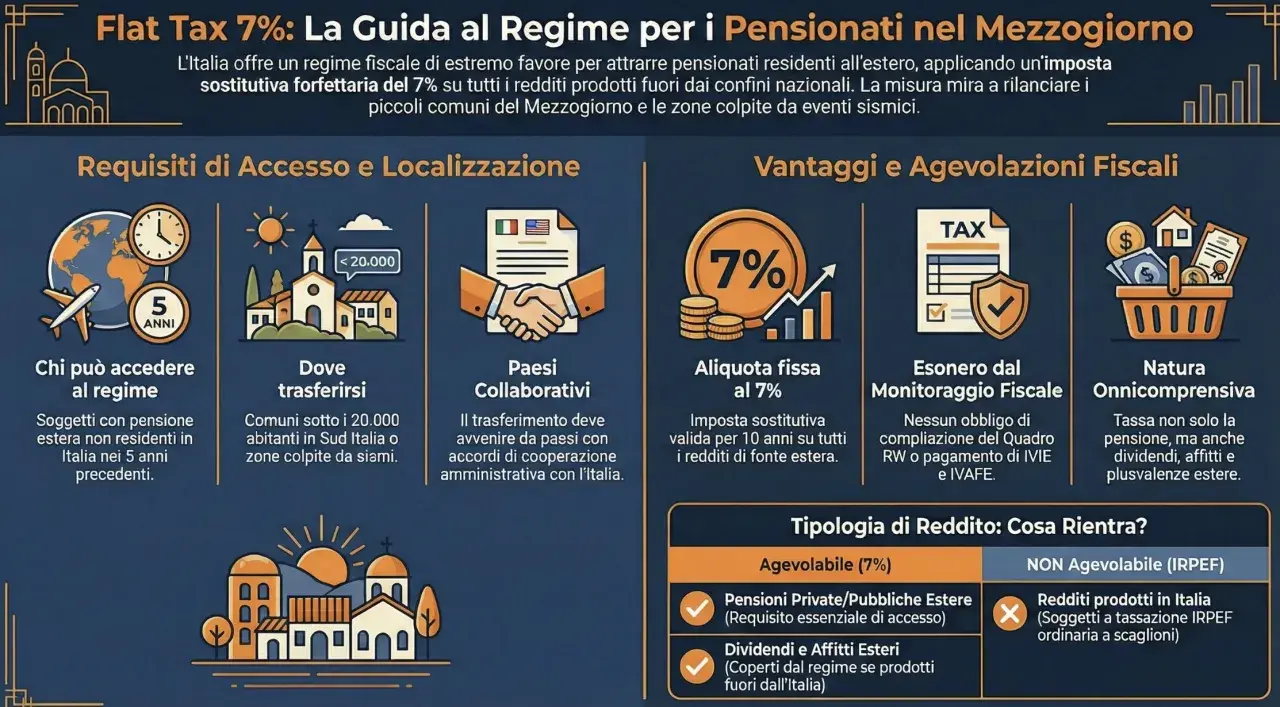 Guida alla Flat Tax 7% per pensionati esteri in Italia: agevolazioni per assunzione di un pensionato, requisiti, vantaggi e redditi inclusi.