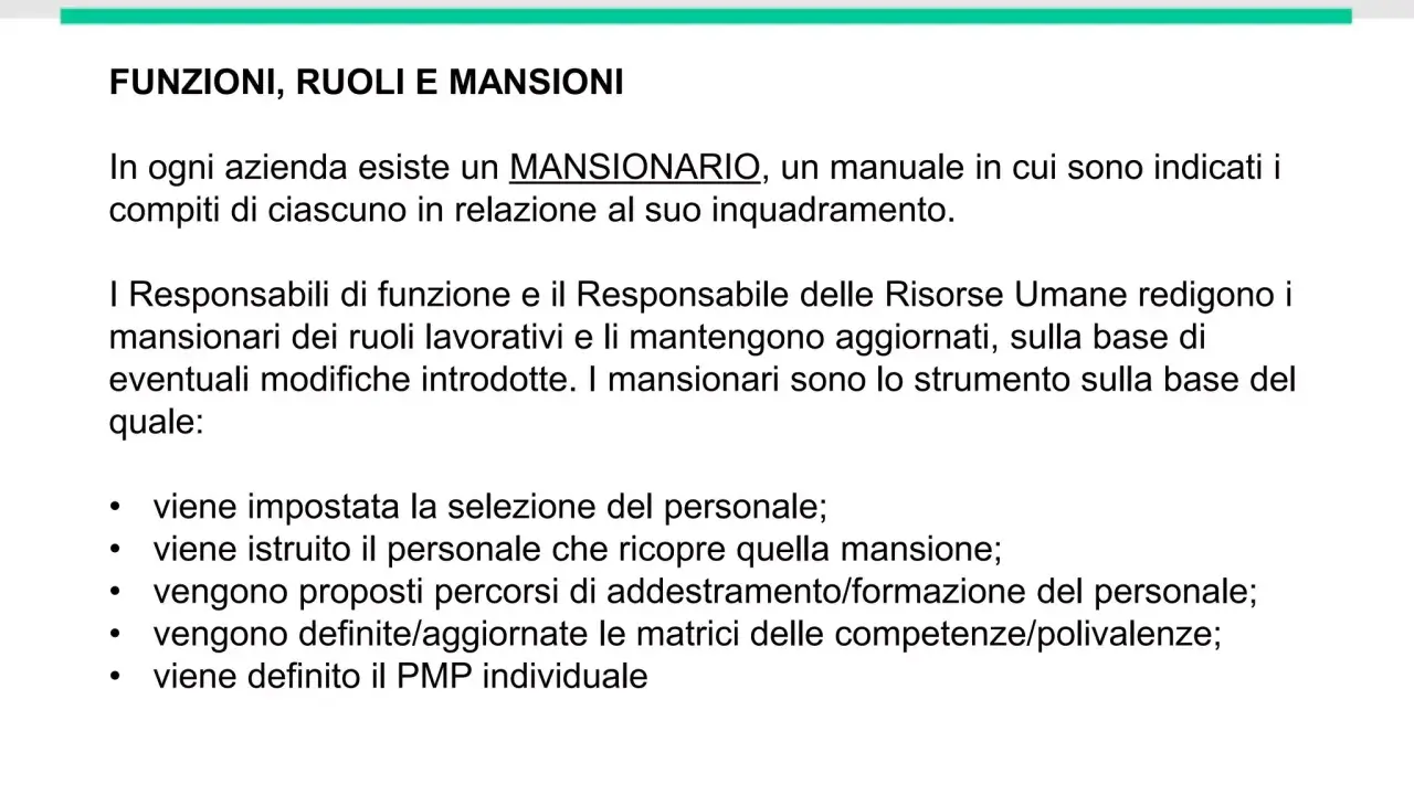 Il mansionario aziendale definisce ruoli e compiti, guidando selezione, formazione e sviluppo del personale.