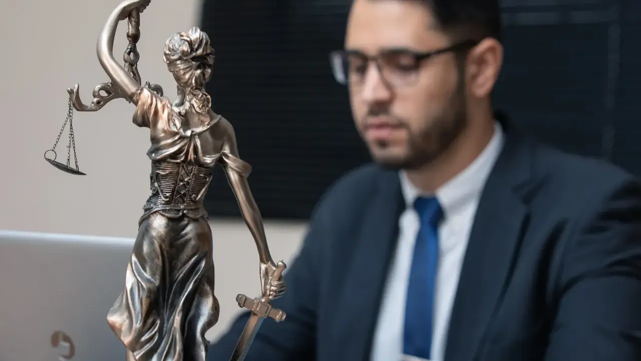 Statua della Giustizia e un uomo in giacca e cravatta, pronto per concorsi per laureati in giurisprudenza.