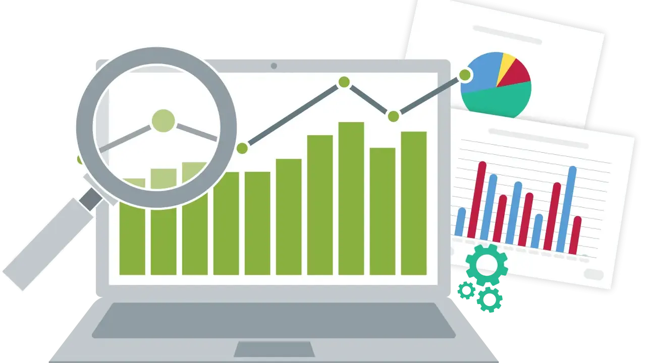Analisi di grafici e dati su un laptop, con lente d'ingrandimento e ingranaggi, per monitorare gli indici di produttività.
