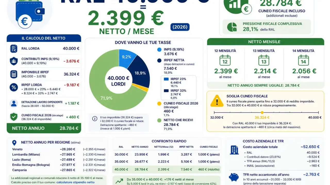 RAL 40.000€, netto annuo 28.784€. Il calcolo mostra come l'impiegato 5 livello stipendio netto sia influenzato da tasse e detrazioni.