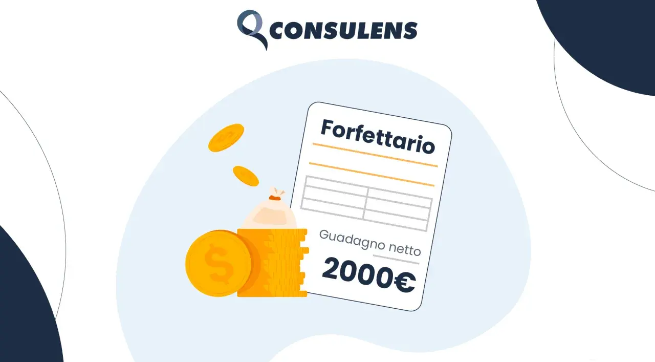 Illustrazione di un foglio con "Forfettario" e "Guadagno netto 2000€", con monete d'oro e un sacchetto di denaro. Simboleggia lo stipendio nel commercio.