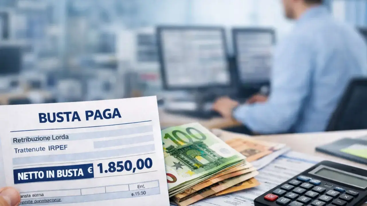 Busta paga con netto di 1.850,00€. La contabilità include la maggiorazione turno notturno, con euro e calcolatrice in primo piano.