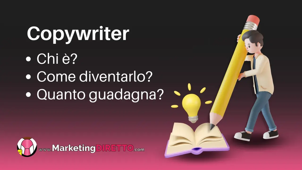 Un personaggio stilizzato scrive con una matita gigante su un libro aperto, con una lampadina accesa. Il testo parla del copywriter lavoro.