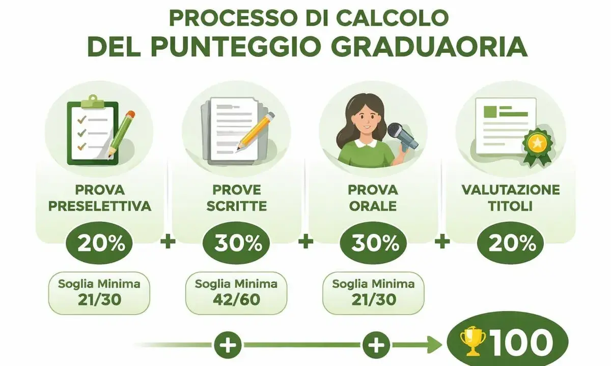 Schema del calcolo punteggio concorsi pubblici: prova preselettiva (20%), prove scritte (30%), prova orale (30%), valutazione titoli (20%).