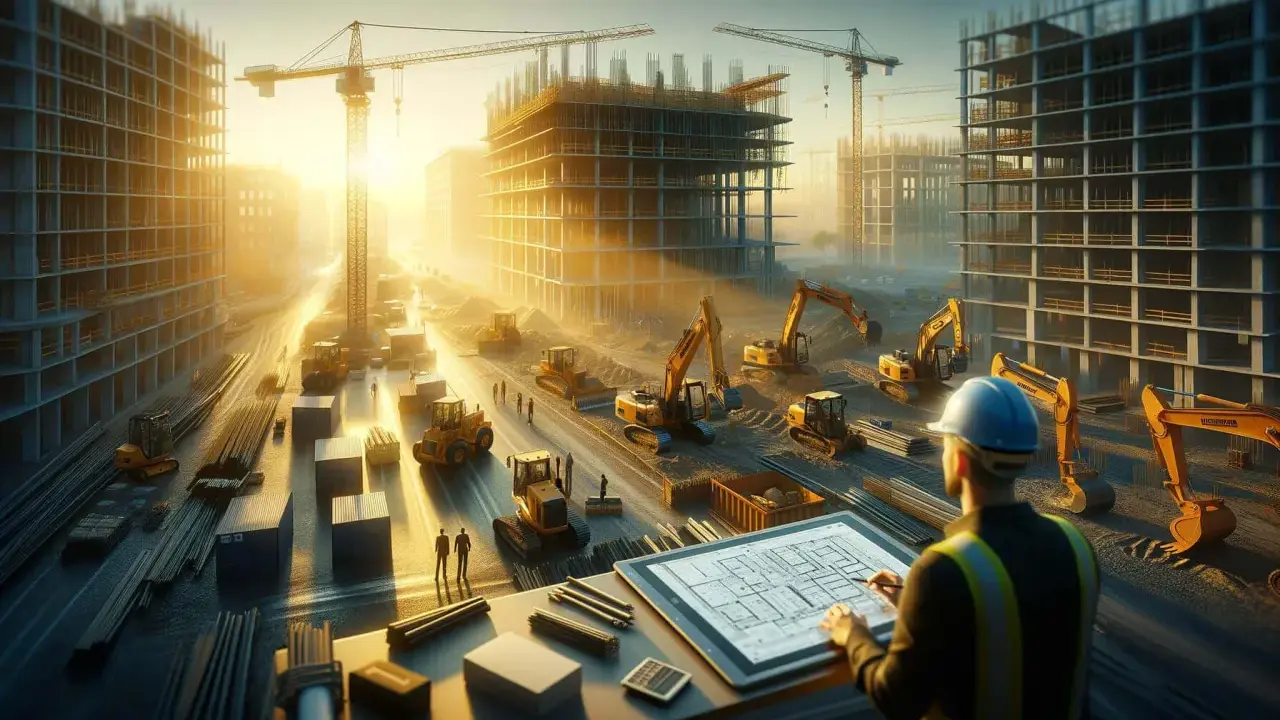 Un geometra di cantiere esamina un progetto su un tablet, circondato da gru, escavatori e edifici in costruzione sotto un sole dorato.