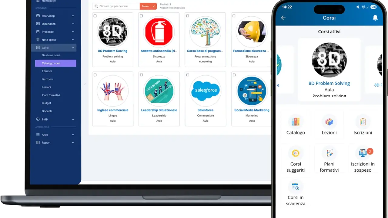 Un catalogo di corsi online, con il **blended significato** di apprendimento misto, mostra diverse opzioni formative su laptop e smartphone.
