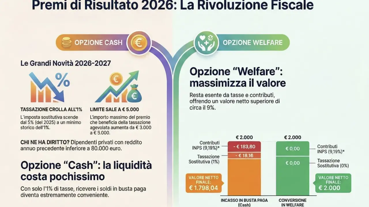 Confronto opzioni per premi di risultato: "Cash" con tassazione agevolata all'1% o "Welfare" esente da tasse.