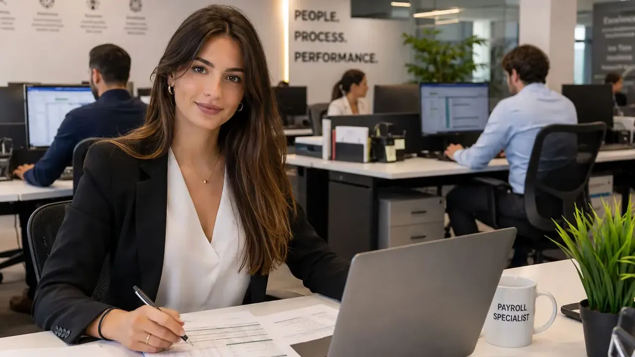 Donna sorridente in ufficio, con tazza "Payroll Specialist", lavora a report. Attenta al customer care.