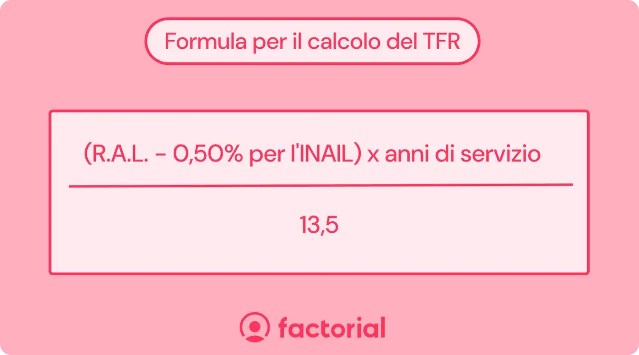 Formula per calcolare il TFR: (RAL - 0,50% INAIL) x anni di servizio / 13,5.