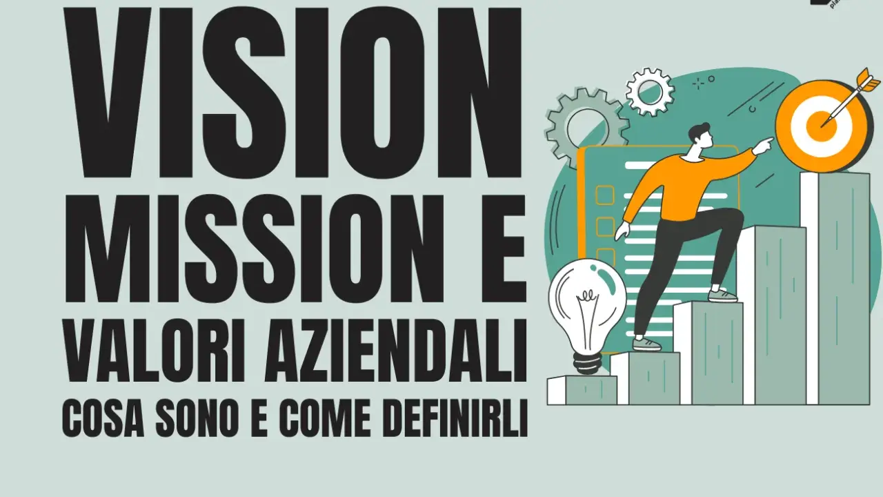 Vision, mission e valori aziendali: un uomo sale una scala verso un bersaglio, simboleggiando il raggiungimento degli obiettivi.