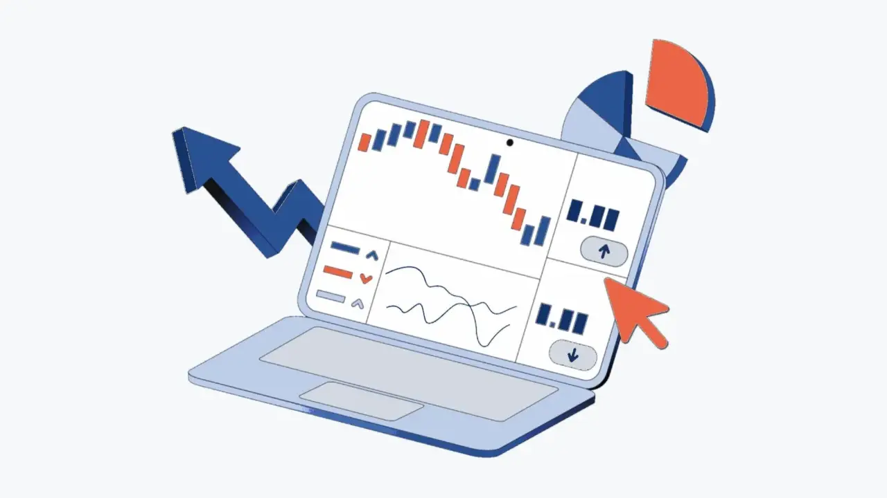 Grafico su laptop con freccia in crescita e torta. Esempi di risorse umane per analisi dati.