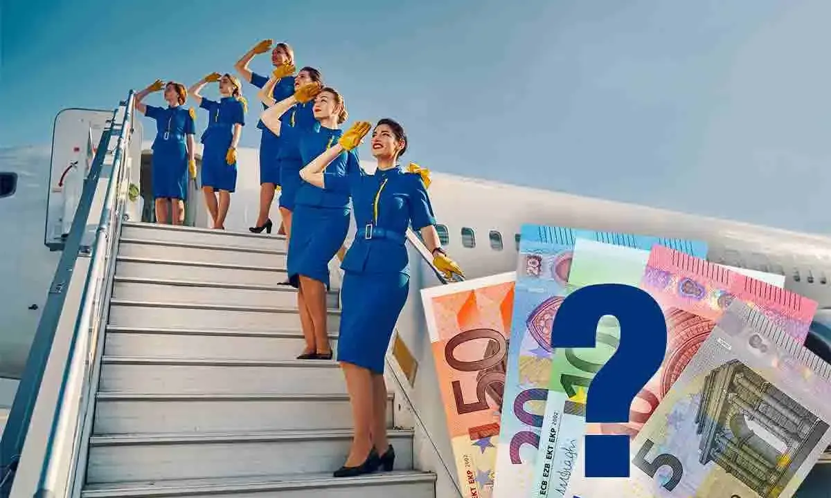 Hostess di terra in divisa blu salgono le scale di un aereo, con banconote in euro e un punto interrogativo che suggeriscono dubbi sullo stipendio.