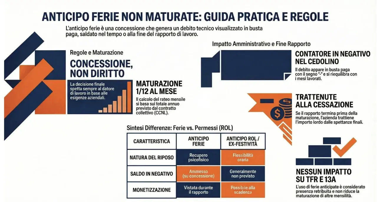 Guida pratica su anticipo ferie non maturate: regole, maturazione 1/12 al mese, impatto su cedolino e cessazione. Comunicazione ferie chiara.