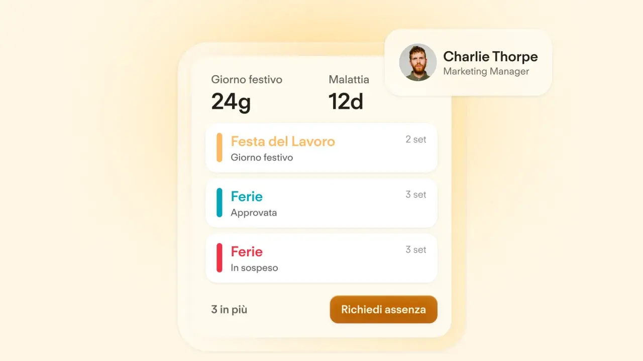 Schermata di gestione ferie e assenze di Charlie Thorpe. Durante il congedo parentale si maturano le ferie, come indicato dalle voci "Ferie Approvata" e "Ferie In sospeso".