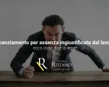Uomo arrabbiato con pugno sul tavolo, testo "Licenziamento per assenza ingiustificata dal lavoro".