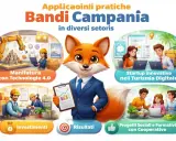 Volpe in giacca e cravatta presenta i bandi della Regione Campania per manifattura, startup turistiche, investimenti e progetti sociali.