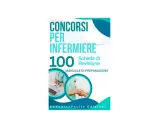 Manuale di preparazione per il concorso infermieri, con 100 schede di revisione e immagini di professionisti sanitari.