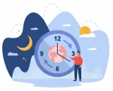 Un uomo indica un orologio che segna il tempo, con la luna e le stelle da un lato e il sole dall'altro, simboleggiando il lavoro notturno orario.