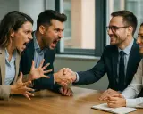 Due persone urlano e gesticolano mentre altre due si stringono la mano, mostrando una gestione dei conflitti efficace e un accordo raggiunto.