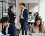 Un team in ufficio discute. Un uomo e una donna in primo piano parlano, mentre altri lavorano. Questo mostra cosa fa un hr manager: gestire persone e relazioni.