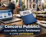 Bando di concorso nel diritto italiano su un tavolo con laptop, martelletto da giudice e libri.