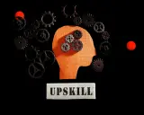 Ingranaggi dentro una testa stilizzata, circondati da altri ingranaggi e sfere rosse. Il concetto di upskilling significato è rappresentato dal movimento e dall'apprendimento continuo.