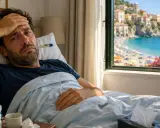 Uomo malato a letto con termometro, mentre fuori si vede una spiaggia affollata. La sua **malattia e ferie attaccate** rovinano la vacanza.