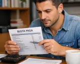 Uomo analizza busta paga, calcolatrice e caffè. Capire la retribuzione utile TFR cos'è è fondamentale per la gestione finanziaria.