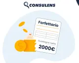 Illustrazione di un foglio con "Forfettario" e "Guadagno netto 2000€", con monete d'oro e un sacchetto di denaro. Simboleggia lo stipendio nel commercio.