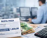 Busta paga con netto di 1.850,00€. La contabilità include la maggiorazione turno notturno, con euro e calcolatrice in primo piano.