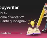 Un personaggio stilizzato scrive con una matita gigante su un libro aperto, con una lampadina accesa. Il testo parla del copywriter lavoro.