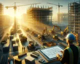 Un geometra di cantiere esamina un progetto su un tablet, circondato da gru, escavatori e edifici in costruzione sotto un sole dorato.