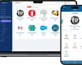 Un catalogo di corsi online, con il **blended significato** di apprendimento misto, mostra diverse opzioni formative su laptop e smartphone.