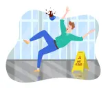Uomo scivola su pavimento bagnato, caffè rovesciato. Un infortunio sul lavoro può portare a uno stipendio più alto se si ottiene un risarcimento.