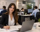 Donna al lavoro in ufficio, concentrata su report e laptop. Gestisce le risorse umane e lo stipendio.