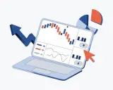 Grafico su laptop con freccia in crescita e torta. Esempi di risorse umane per analisi dati.