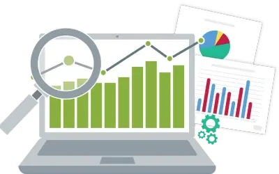 Analisi di grafici e dati su un laptop, con lente d'ingrandimento e ingranaggi, per monitorare gli indici di produttività.